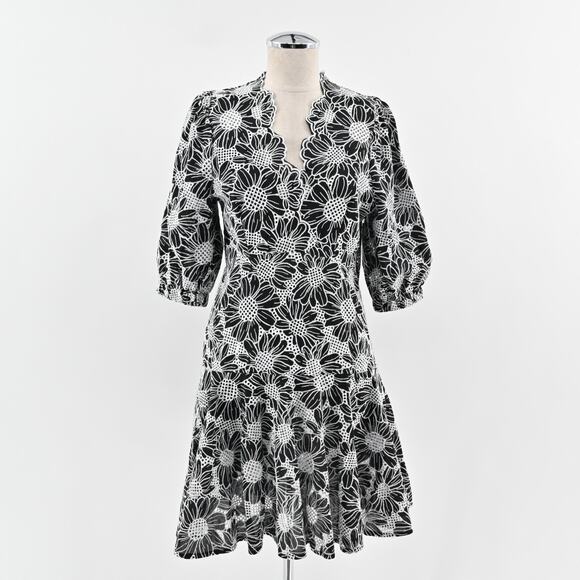 BOSTON PROPER Embroidered Dress Sz 6 Black White Floral Puff Sleeve Flounce Hem‎ - Picture 1 of 15